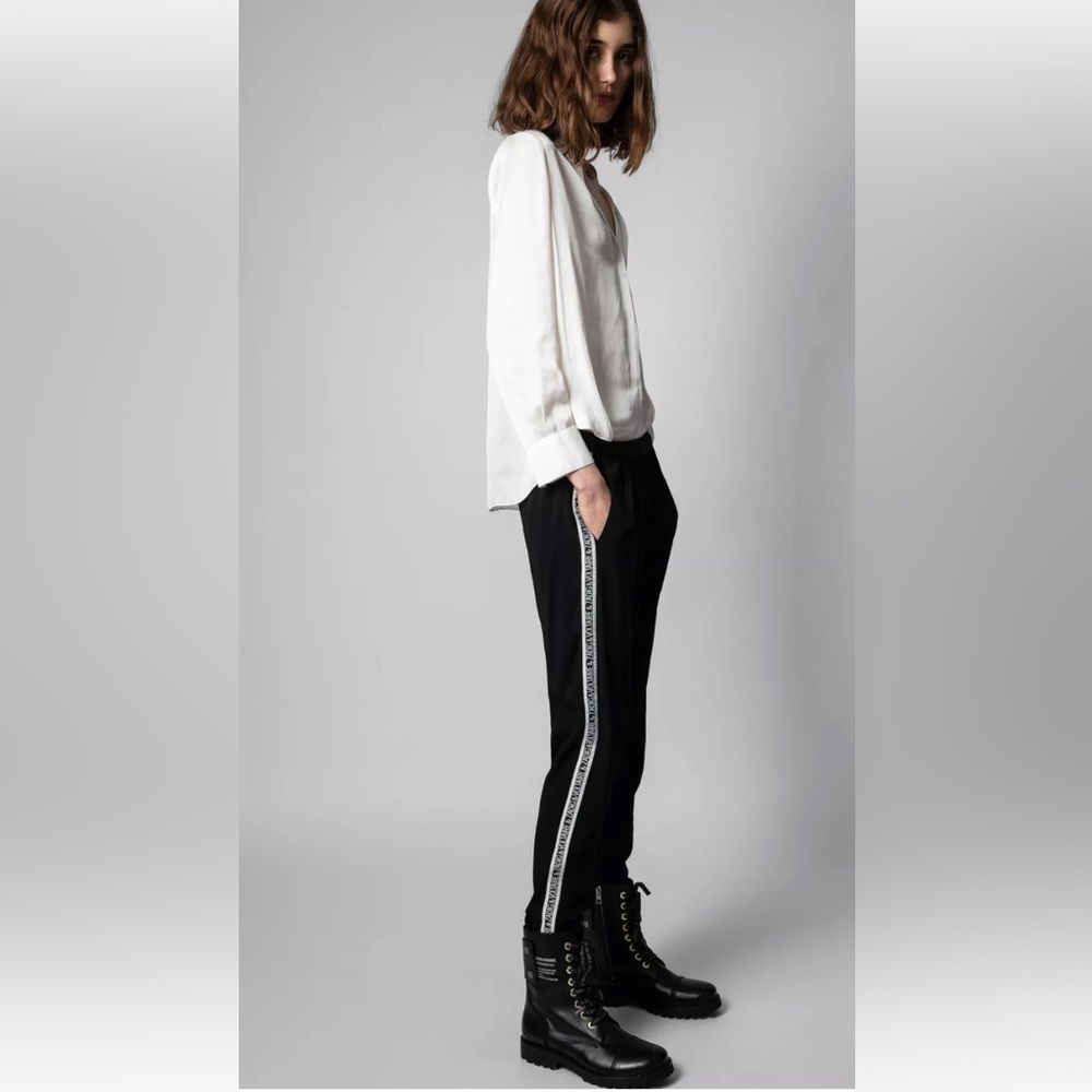 Zadig & Voltaire Paula band perm Black Jogger Pants with White Logo Side Stripe